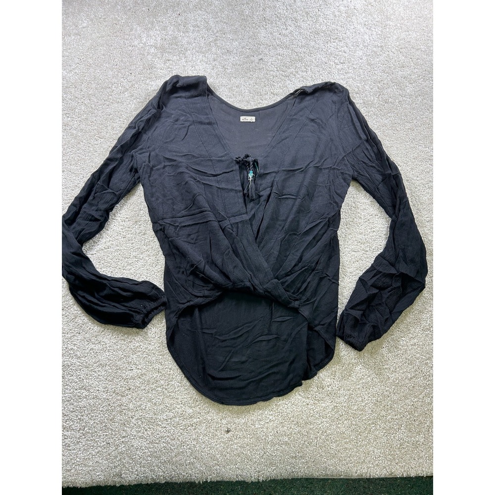 Hollister Blouse‎ Womens Small Long Sleeve Boho Crinkle V Neck Tassel Tie Top